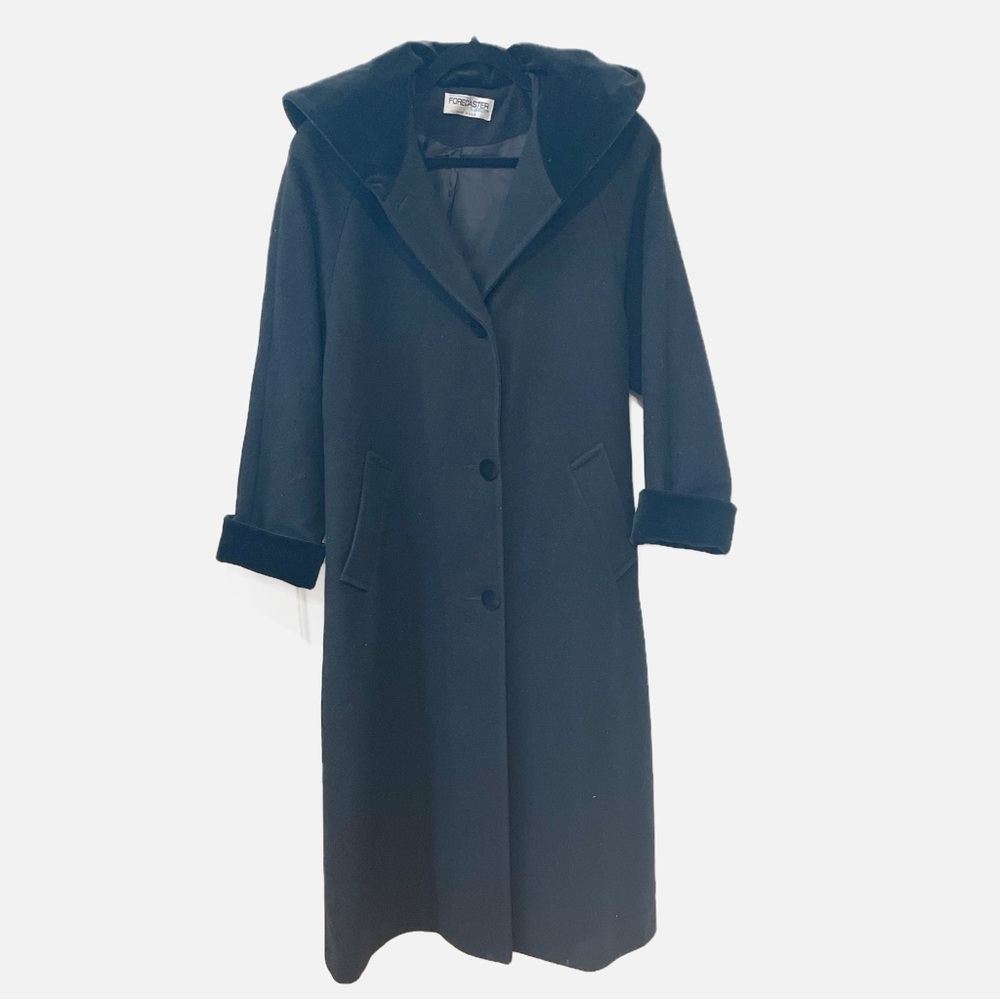 Black Hooded Wool Coat with Velvet Accents